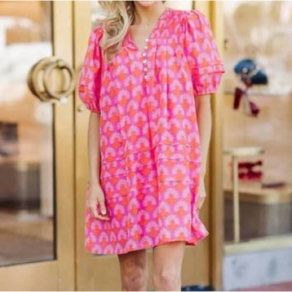 J.Marie Cassidy V-Neck Button Vibrant Pink and Orange Patterned Dress
